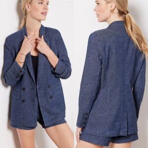 Evereve Alexa Double Breasted Blazer Blue Chambray Hemp Cotton Size Medium